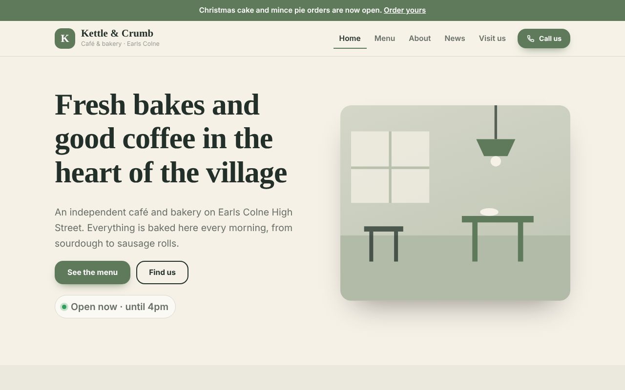 The Kettle & Crumb demo website's home page