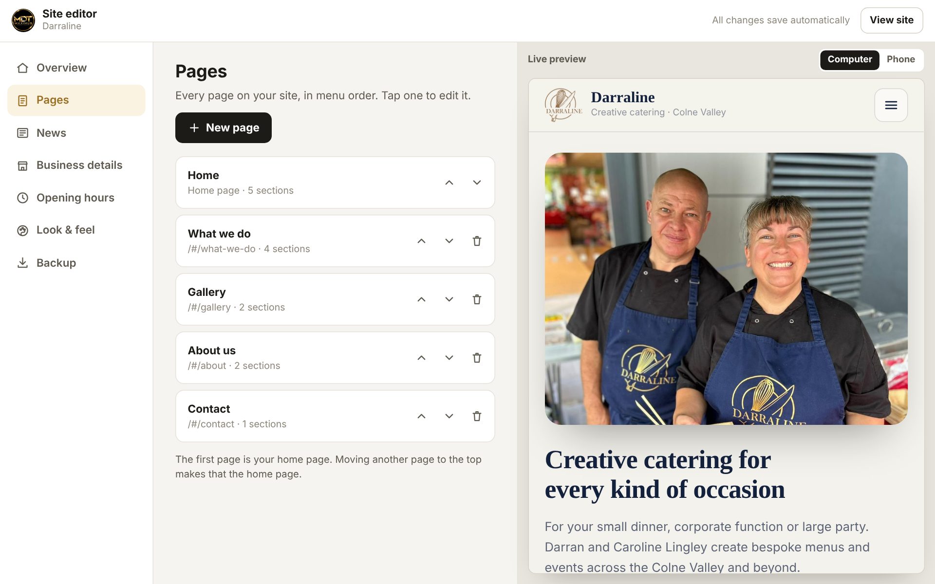 The site editor, showing a list of pages beside a live preview of the website